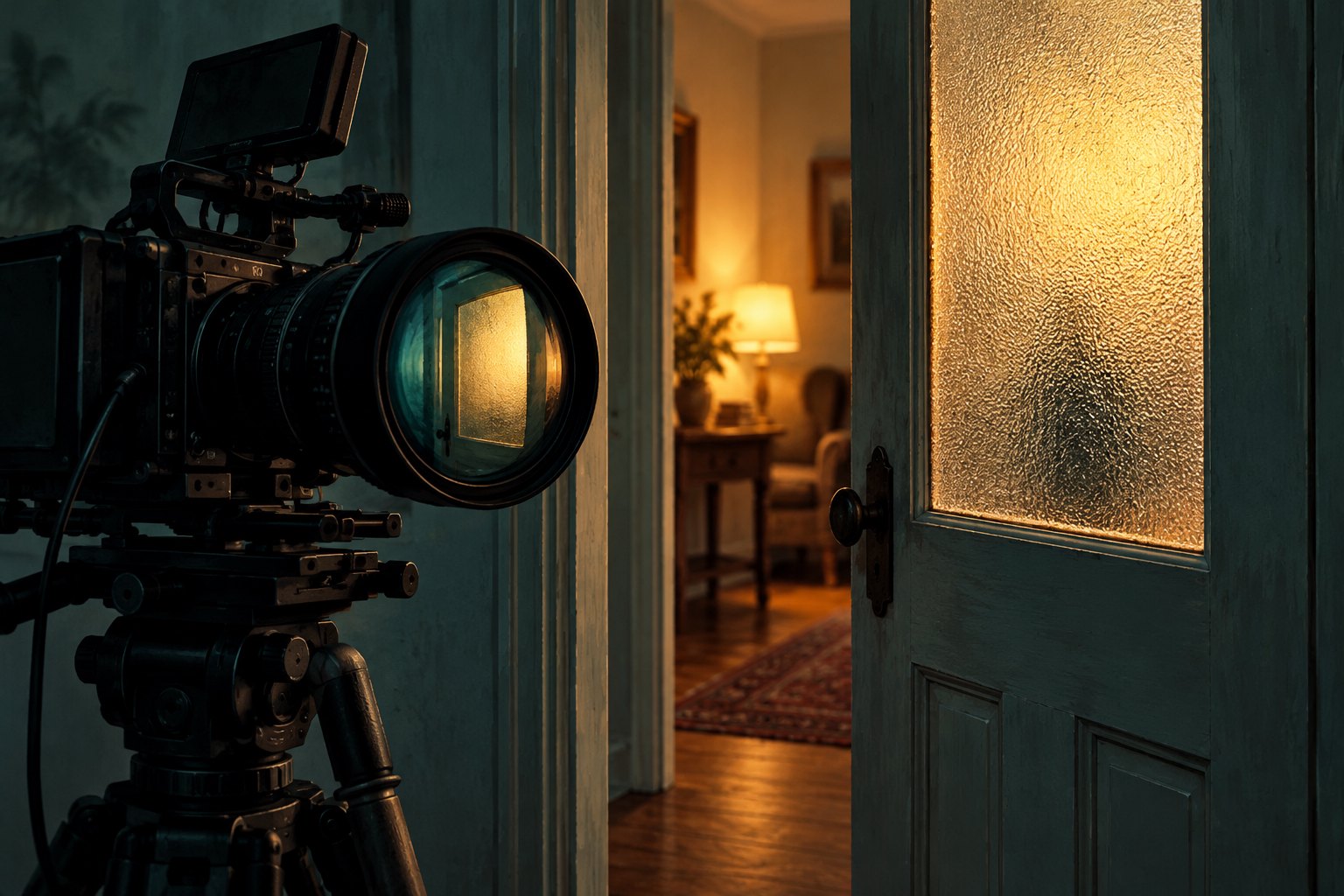 Conceptual illustration of a cinema camera beside a frosted-glass doorway opening into a warmly lit home.