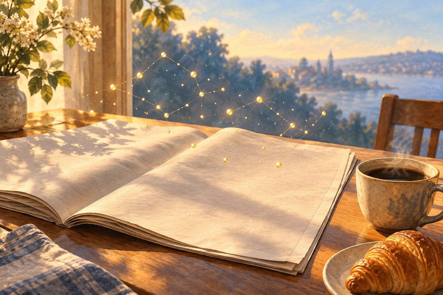 A blank newspaper and coffee cup on a softly lit breakfast table beneath an imagined golden constellation.