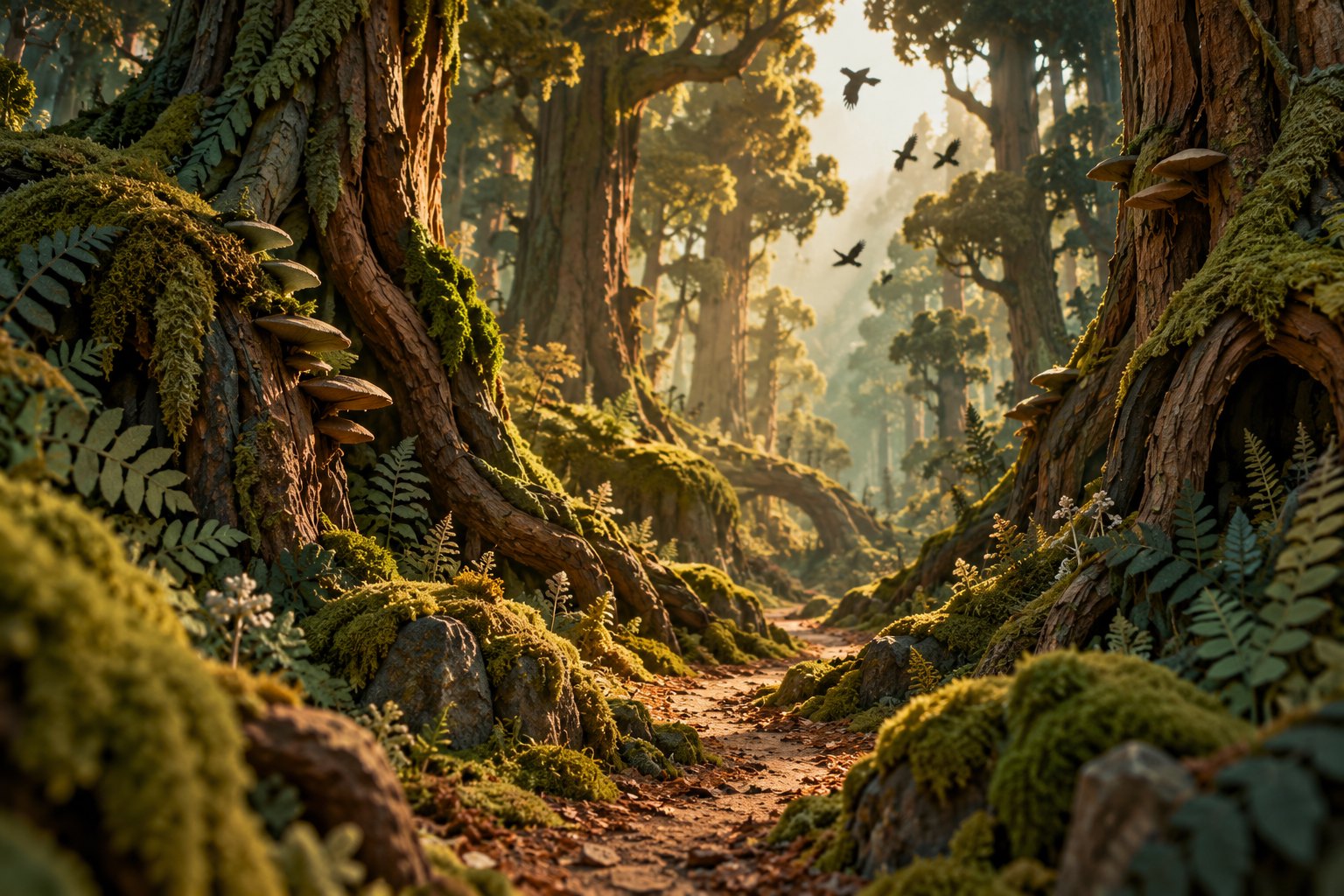 Conceptual illustration of crows flying above a winding path through a mossy miniature forest.