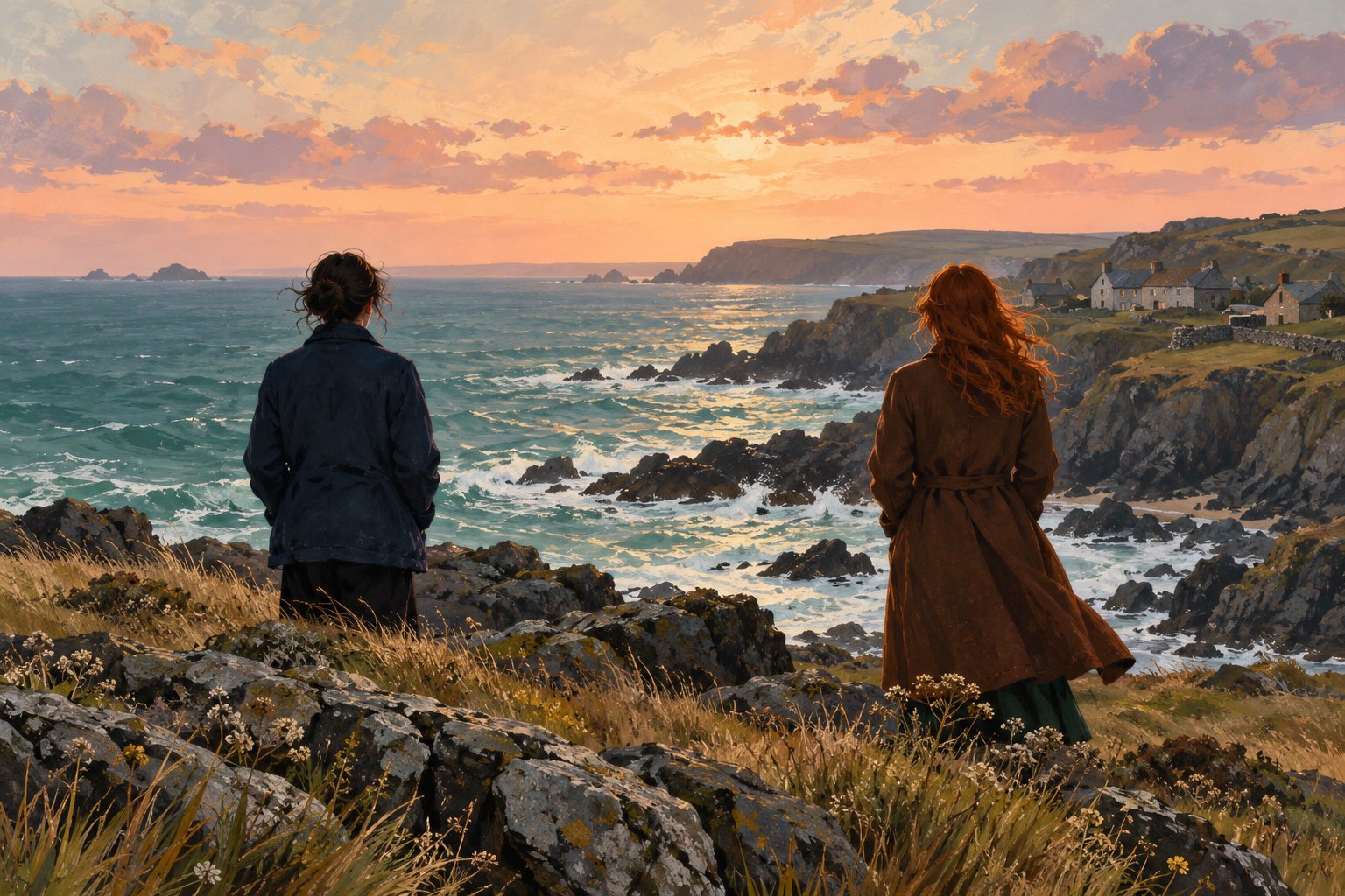 Painterly illustration of two women standing apart on a rocky Cornish shore beneath a peach-colored sky.