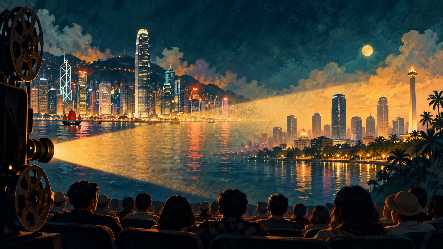 放映光束連接香港海港與雅加達城市意象,下方排列觀眾剪影的原創概念插畫
