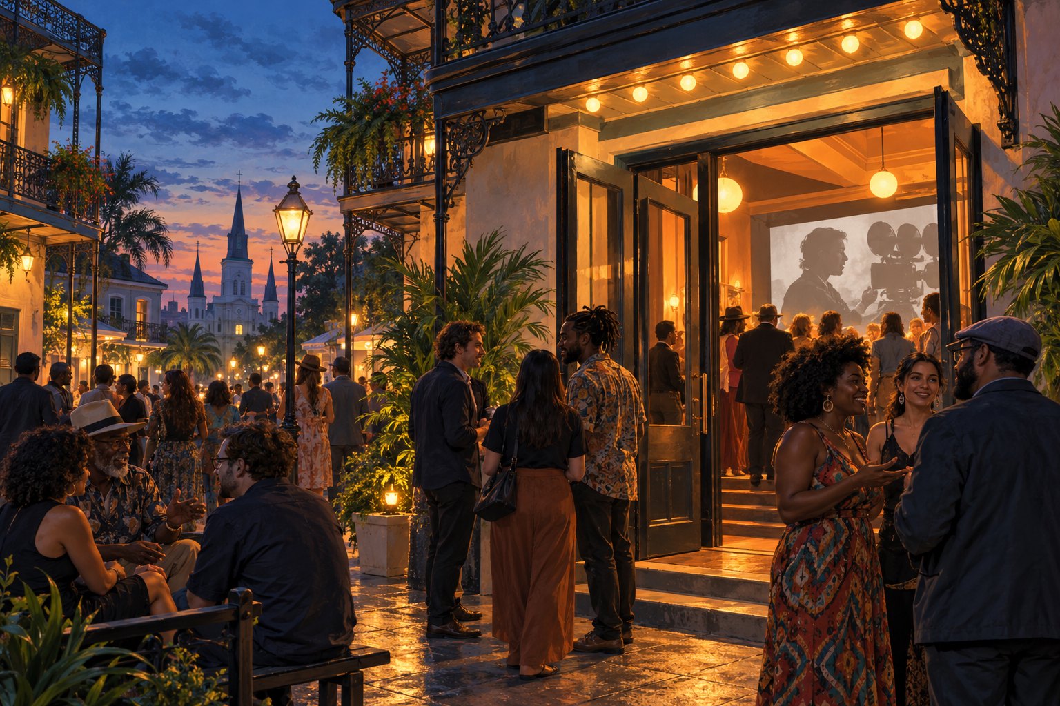 Conceptual illustration of neighbors gathering outside an imagined New Orleans cinema beneath iron balconies at dusk.