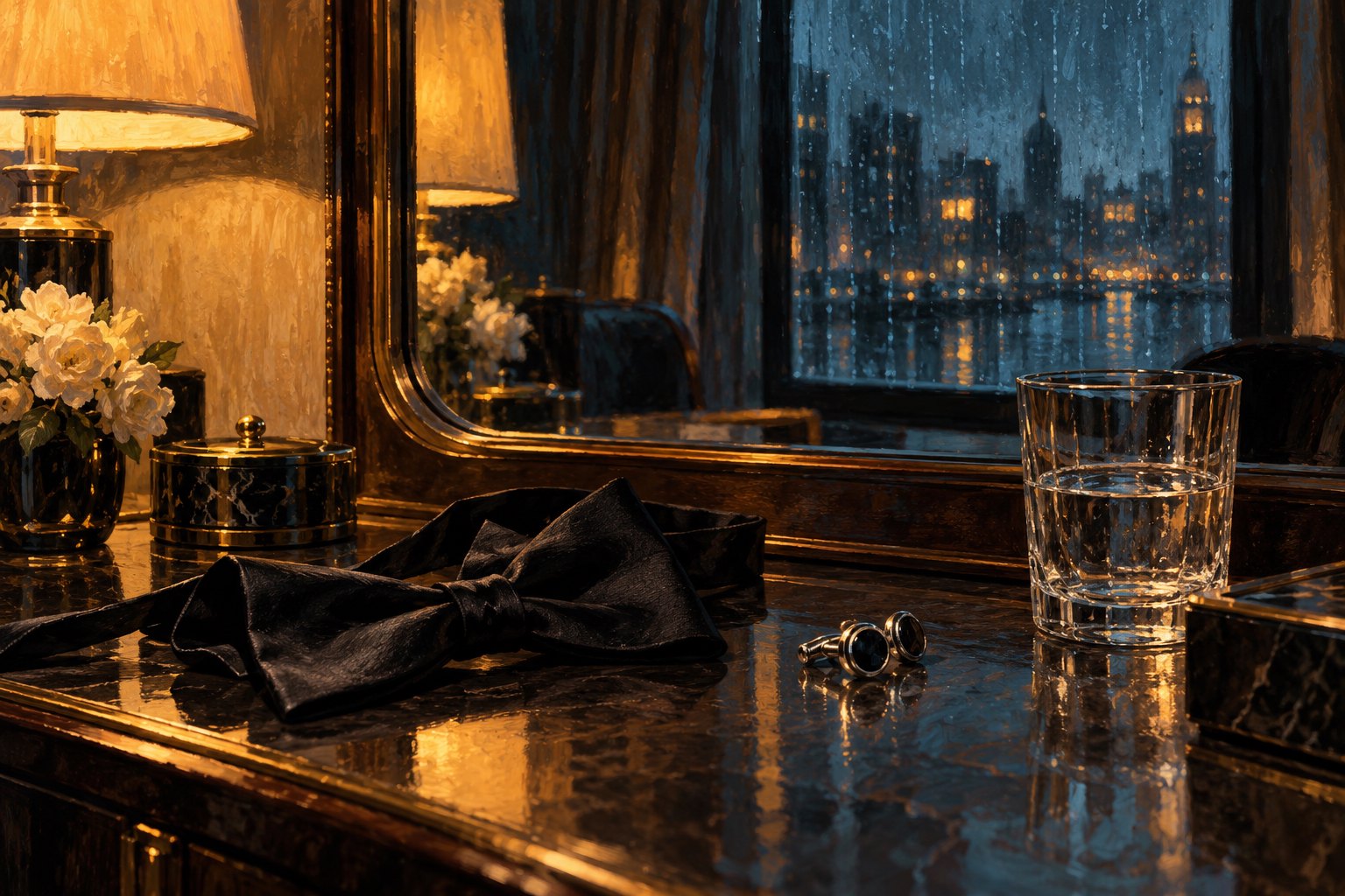 Conceptual illustration of a black bow tie, silver cufflinks, and a water glass beside a mirror reflecting a rainy night.
