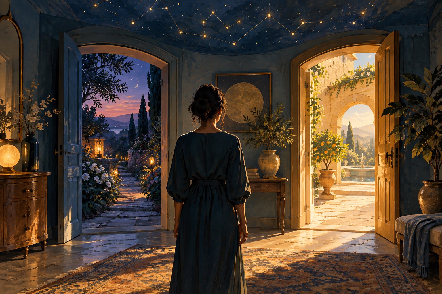 A person considers two open doorways beneath a constellation-painted ceiling, with a twilight garden and sunlit courtyard beyond.