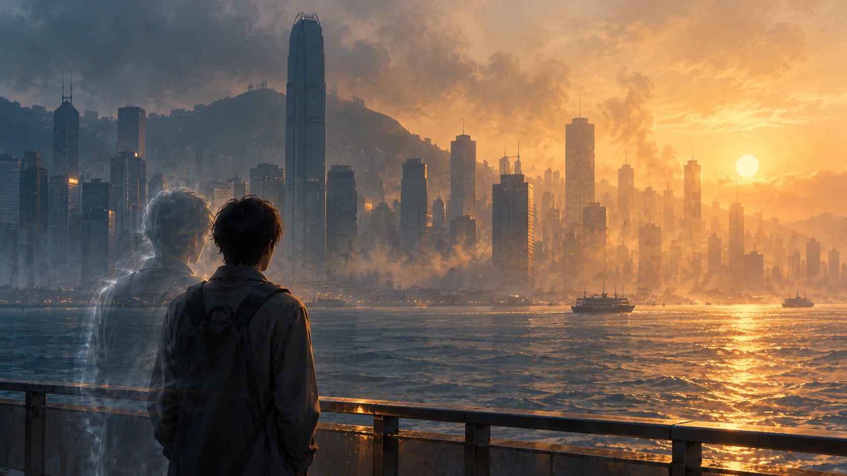 未來訪客的重疊身影站在港灣旁，凝望熱霧中的城市，為文章主題概念插畫，非電影劇照