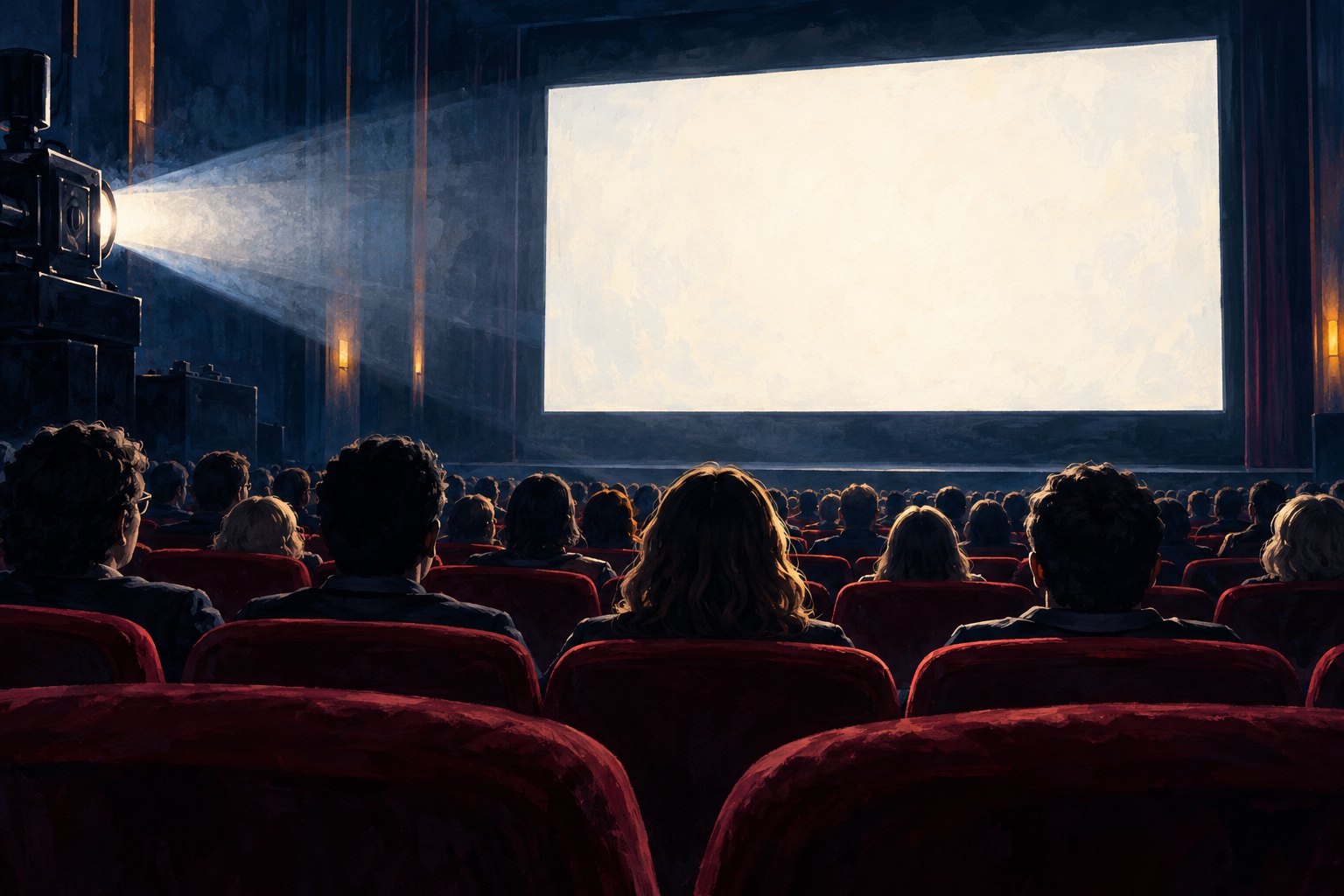 An original illustration of moviegoers in burgundy theater seats facing a luminous blank screen.