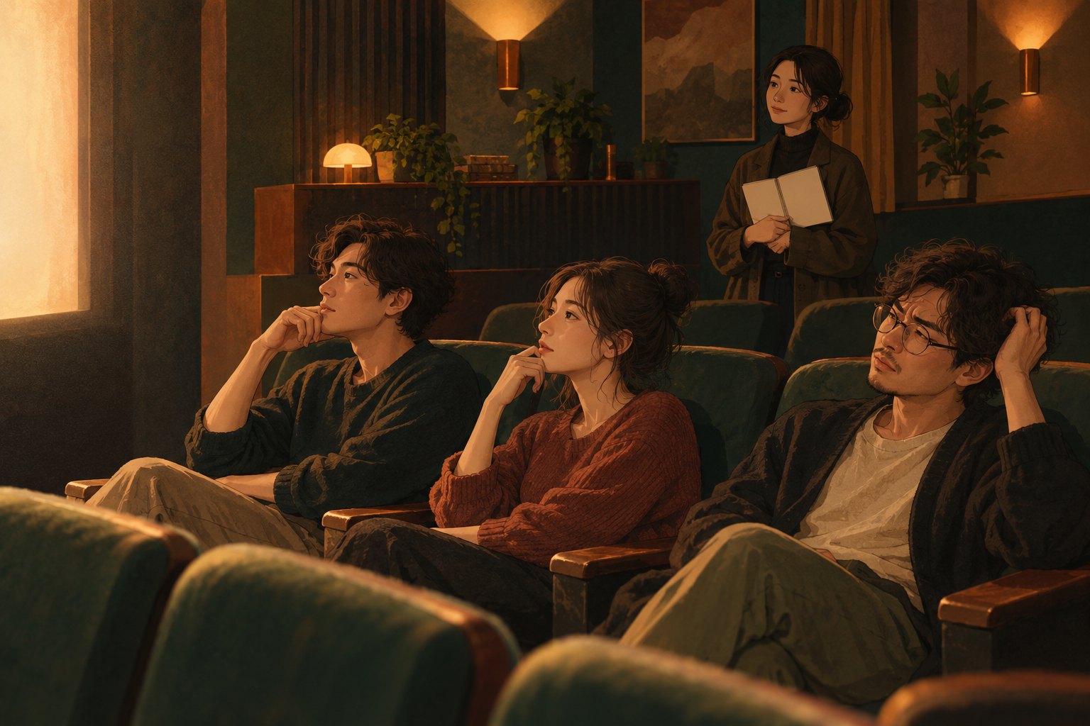 概念插画:小型试映室里的观众神情各异,创作者拿着笔记本观察反馈