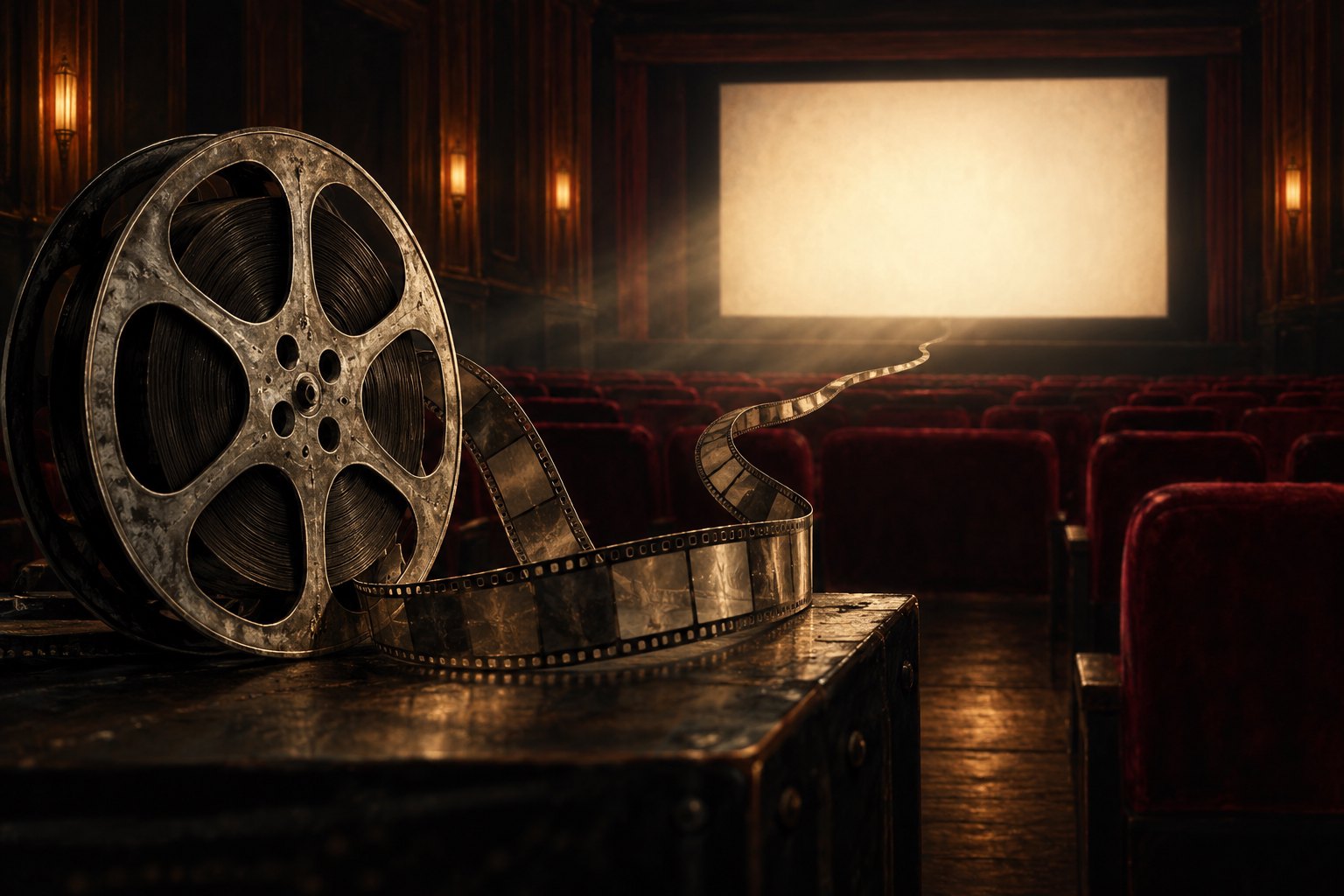 Conceptual illustration of a metal film reel unspooling inside a dim cinema with a glowing blank screen.