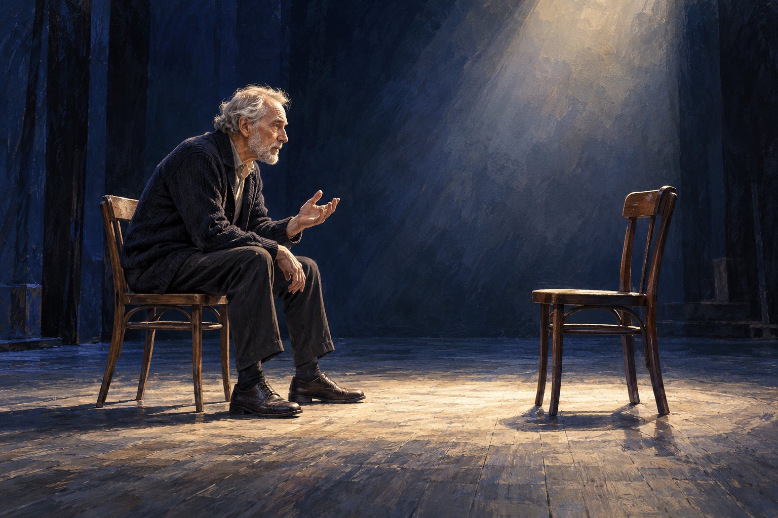 Conceptual illustration of a fictional older actor gesturing toward an empty chair on a softly lit rehearsal stage.
