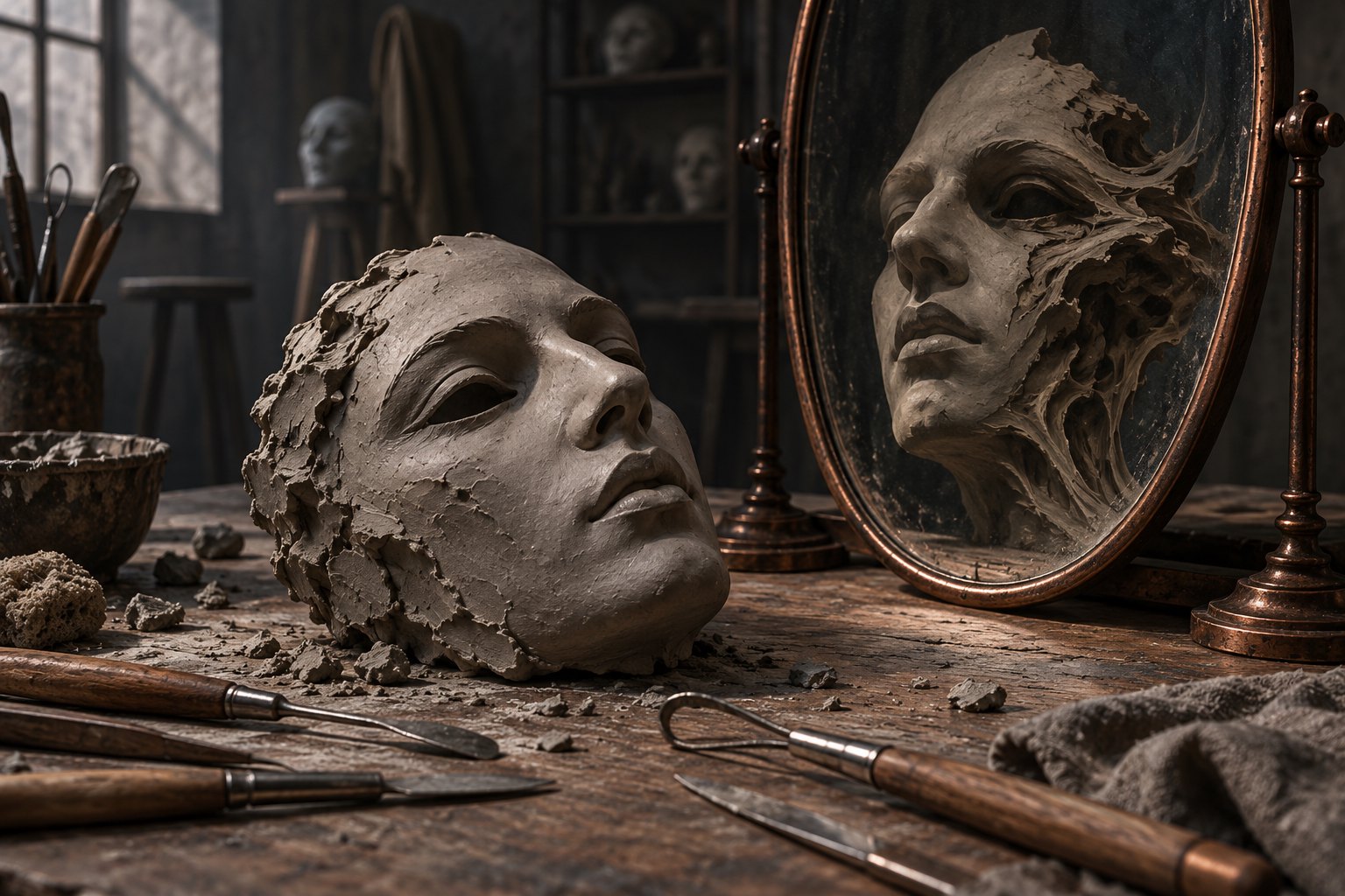 A clay face rests on a sculptor’s workbench beside a mirror showing a distorted reflection.