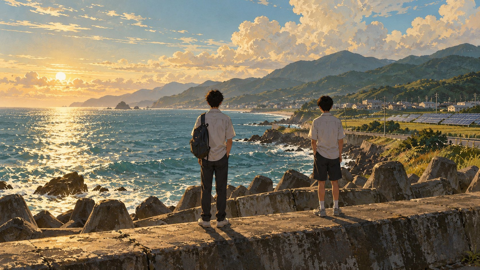 兩名少年隔著幾步距離站在海堤上,面向夕陽與海面,遠處可見光電板的概念插畫,非電影劇照