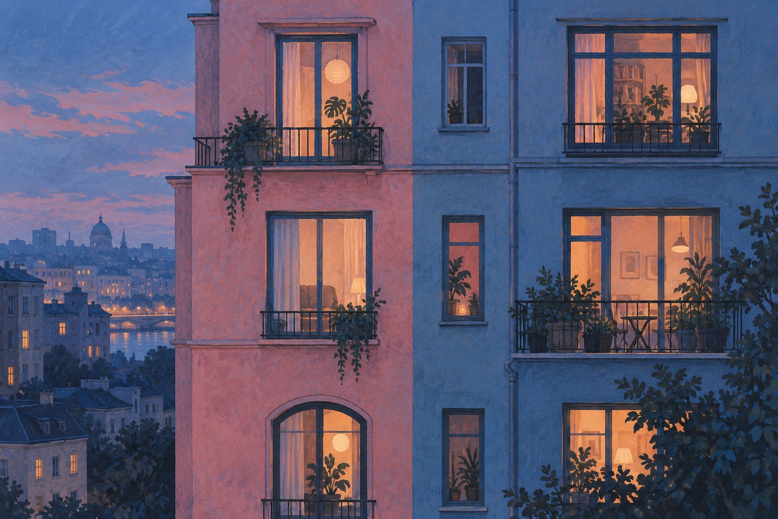 Conceptual illustration of a pink and blue apartment building with warmly lit windows at dusk.