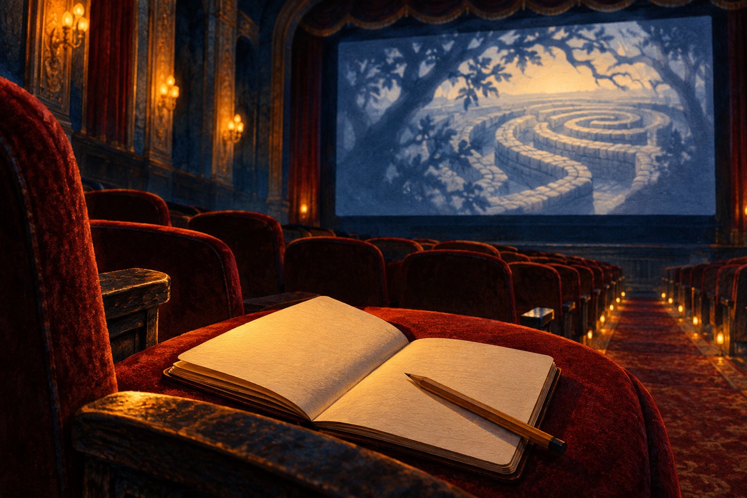 An open notebook and pencil in a dim movie theater face a glowing screen with a shadowy labyrinth.