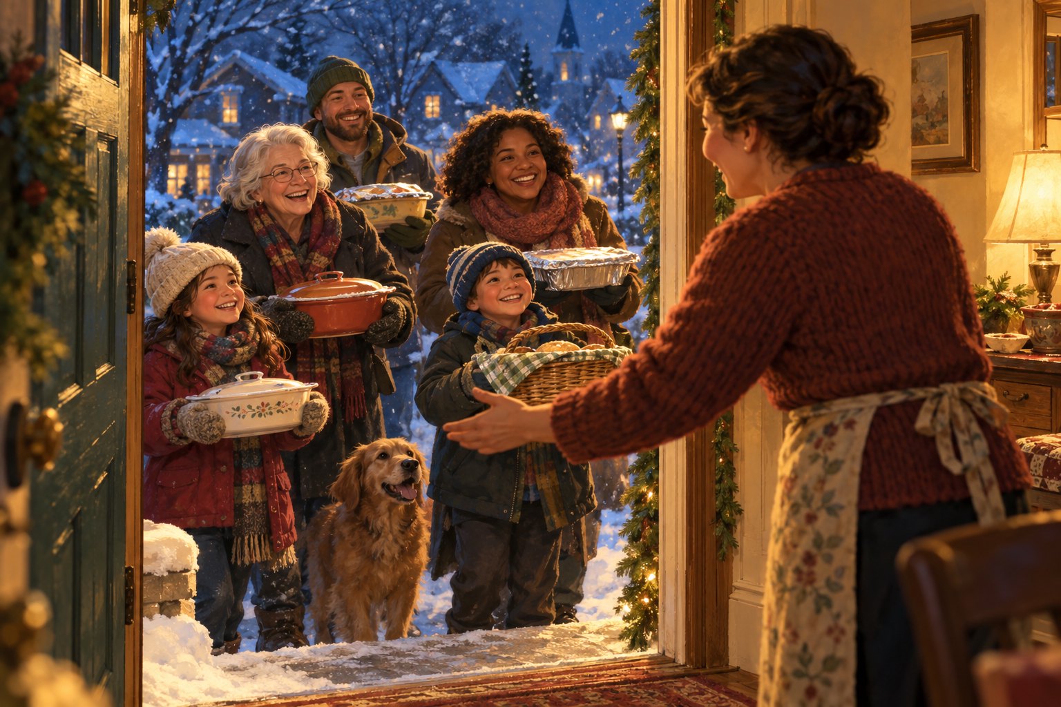 Neighbors carrying food gather at an open doorway as a woman welcomes them inside on a snowy evening.