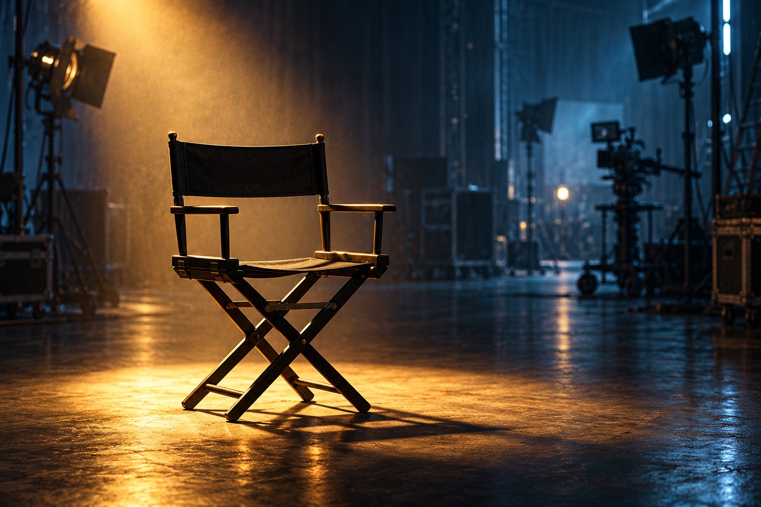 Conceptual editorial image of an empty black director’s chair under a golden spotlight on a dark blue soundstage.