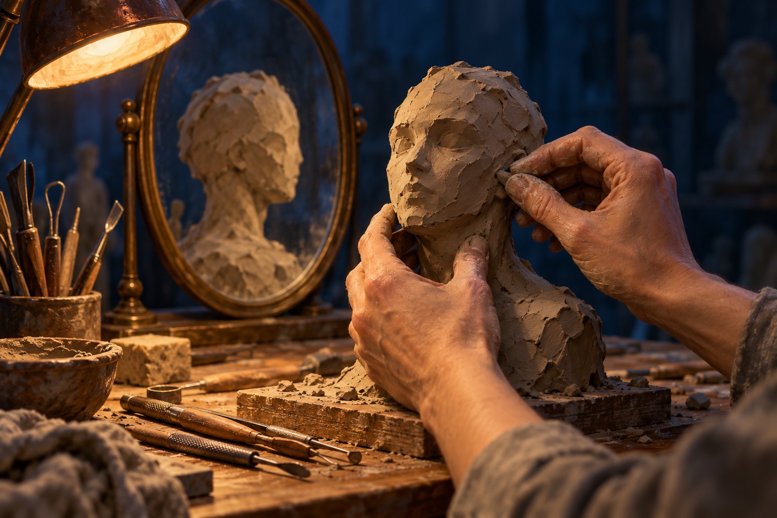 Conceptual illustration of hands shaping a clay bust beside an oval mirror under a warm work lamp.