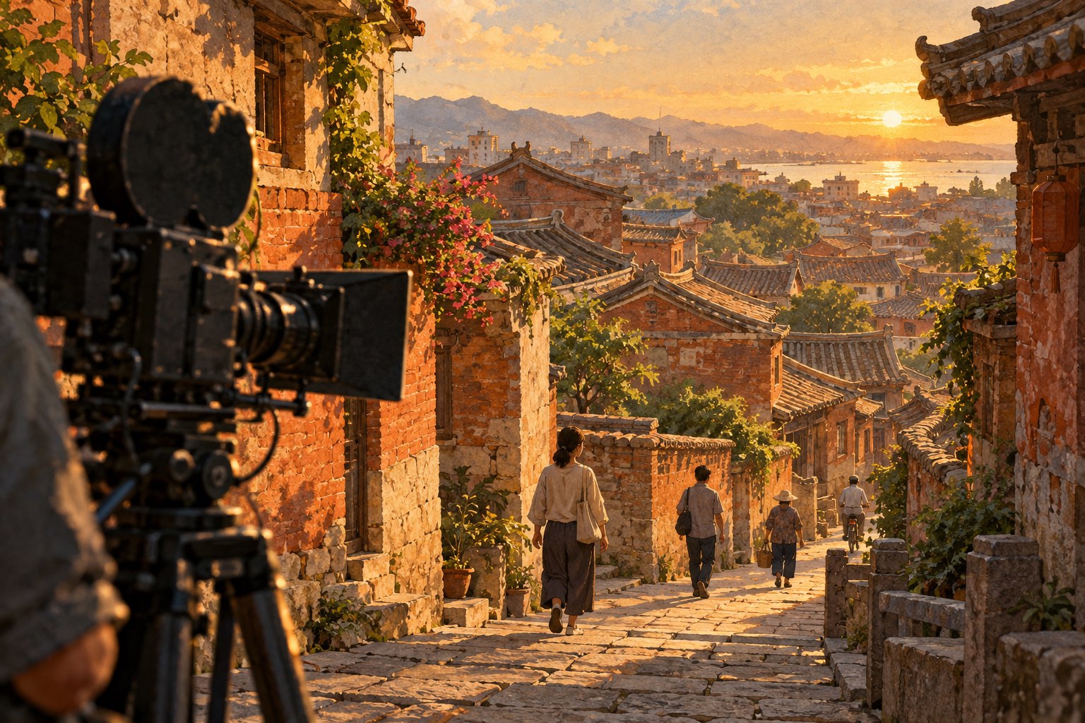 泉州城市电影主题概念插画：夕阳映照红砖街巷，行人穿行，前景是一架电影摄影机