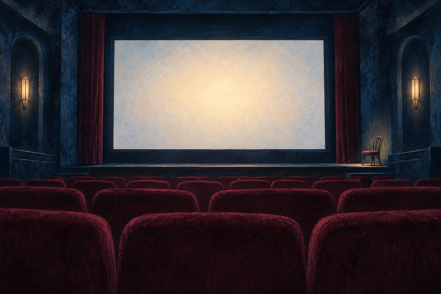 Conceptual illustration of an empty movie theater with burgundy seats, a blank illuminated screen, and a solitary chair beside it.