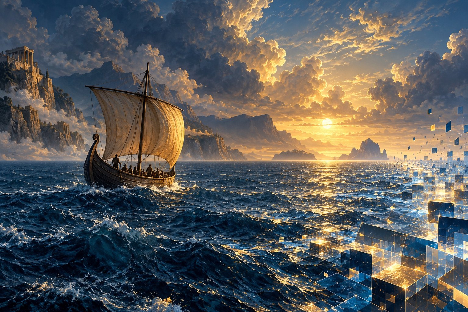 Conceptual illustration of an ancient sailing ship crossing a sunset sea that dissolves into luminous geometric fragments.