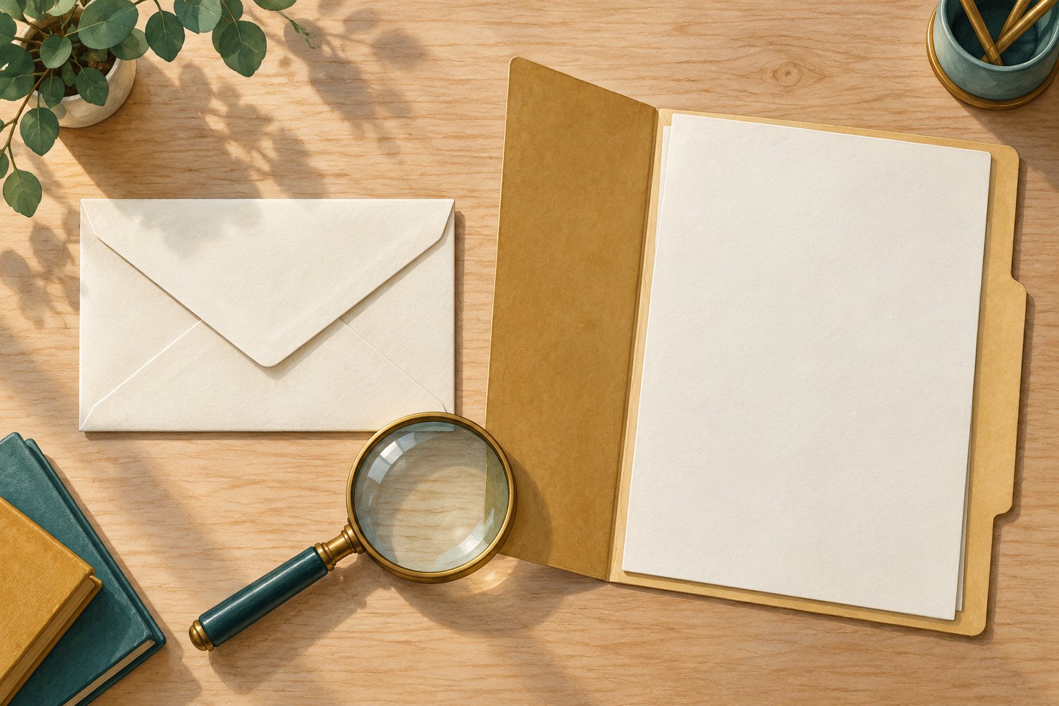 Editorial illustration of a blank envelope, an open folder, and a magnifying glass on a wooden desk.