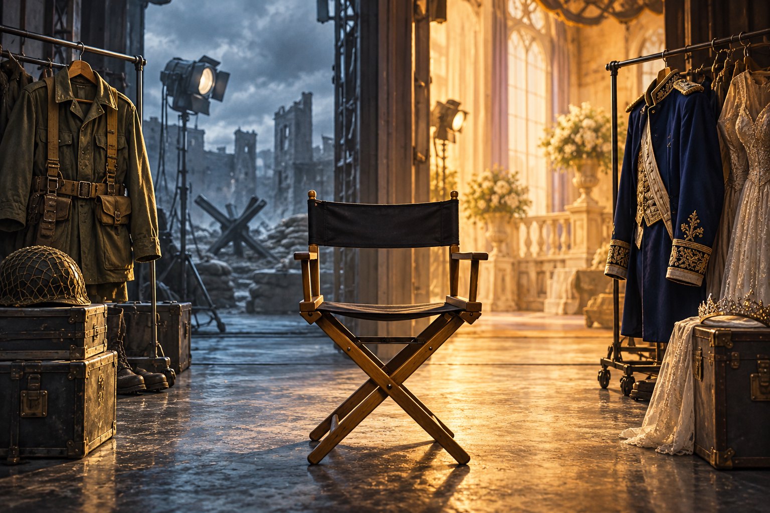 Conceptual illustration of an empty director’s chair between a cool wartime set and a warmly lit royal interior.