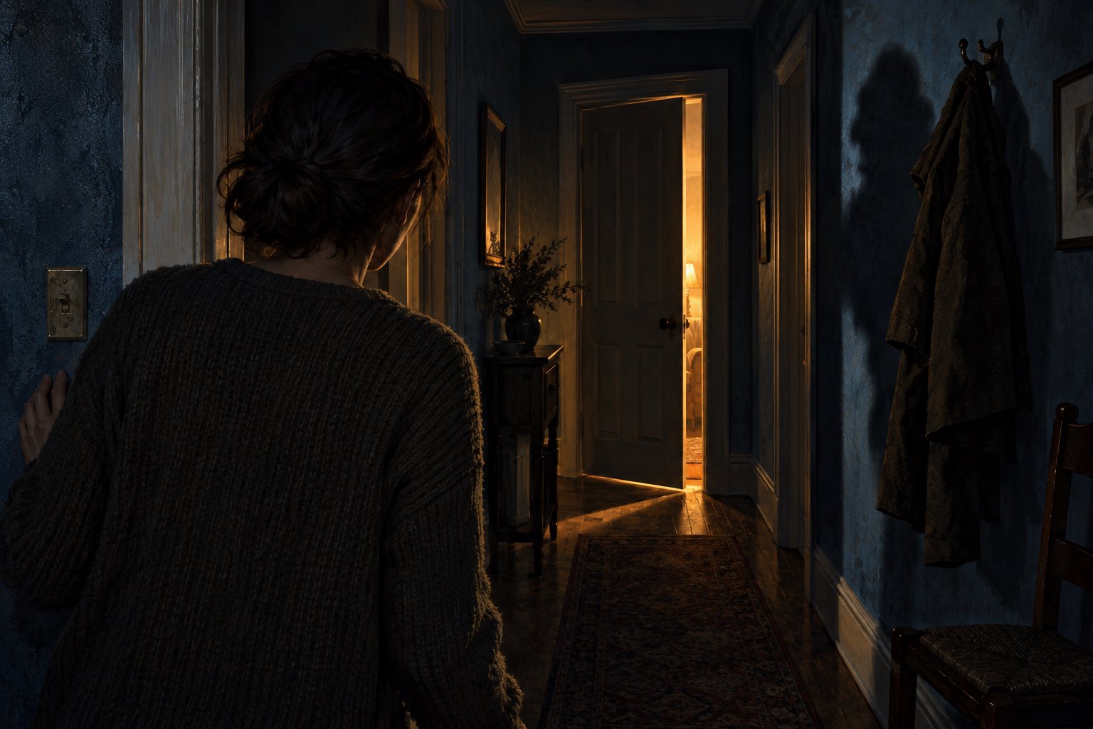 Conceptual illustration of a person watching a partly open, warmly lit door from a shadowy hallway.