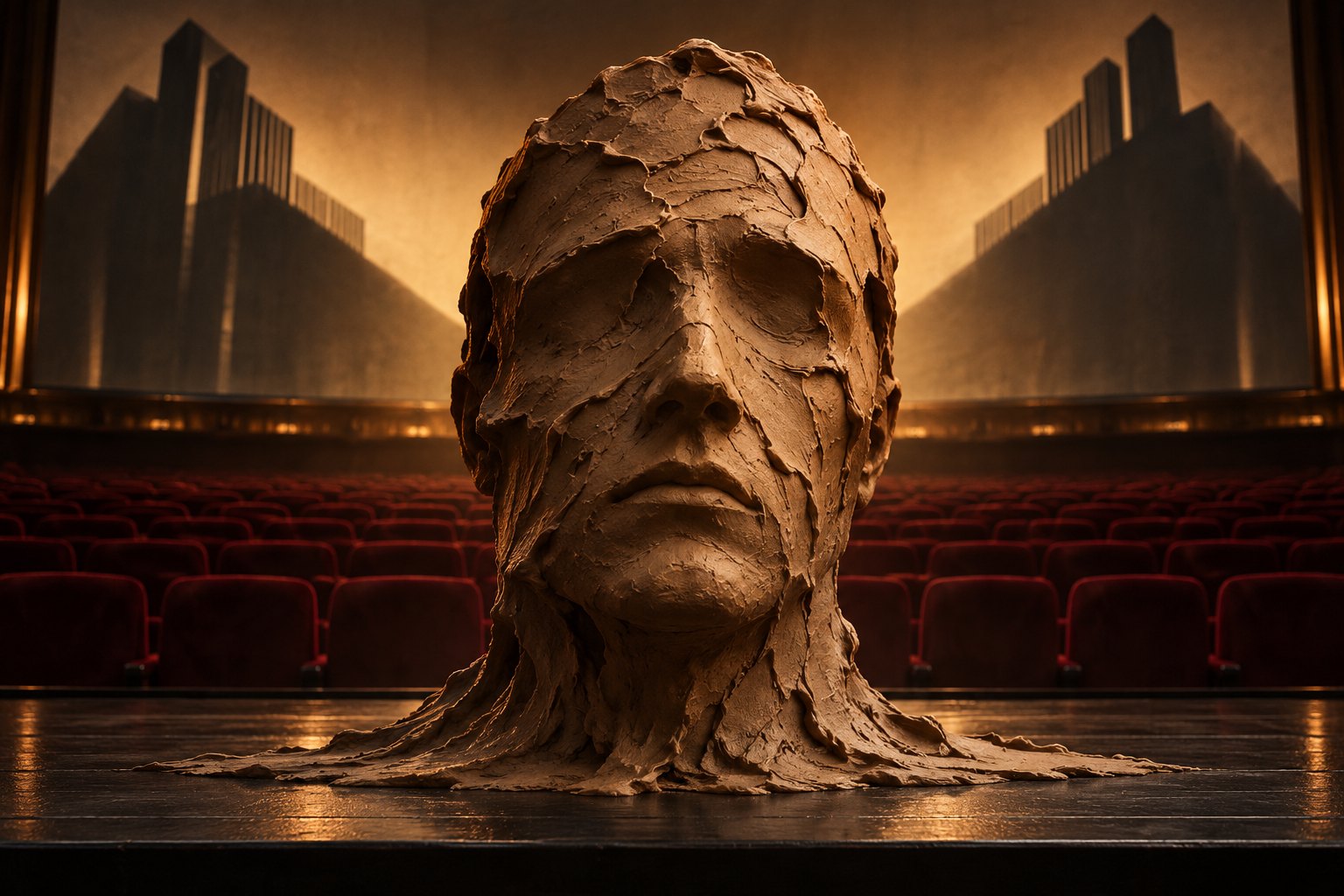 Conceptual illustration of a clay face on a cinema stage, with red seats and towering architectural shadows behind it.