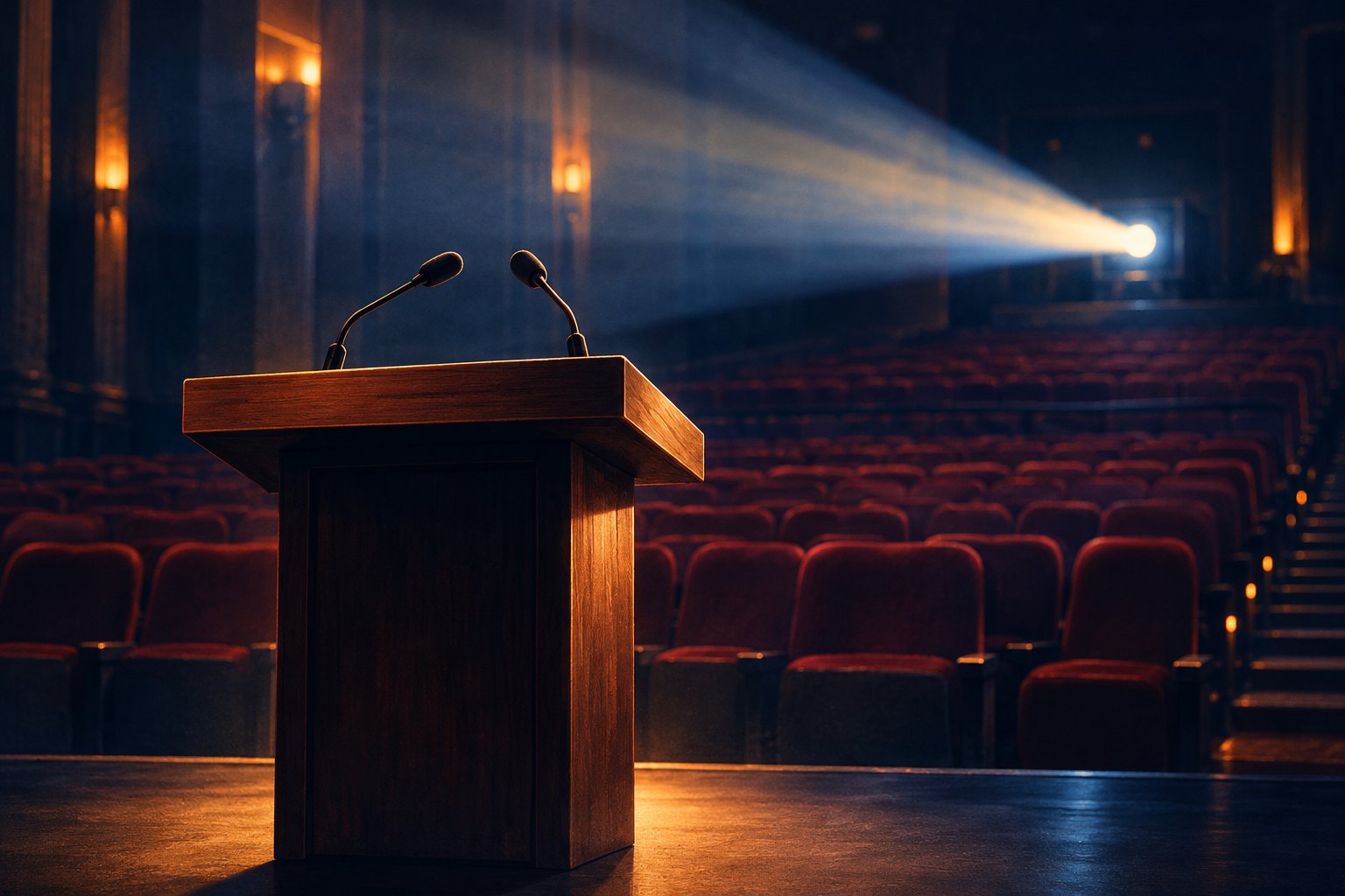 An illustrated empty lectern with microphones stands in a cinema crossed by a projector beam.
