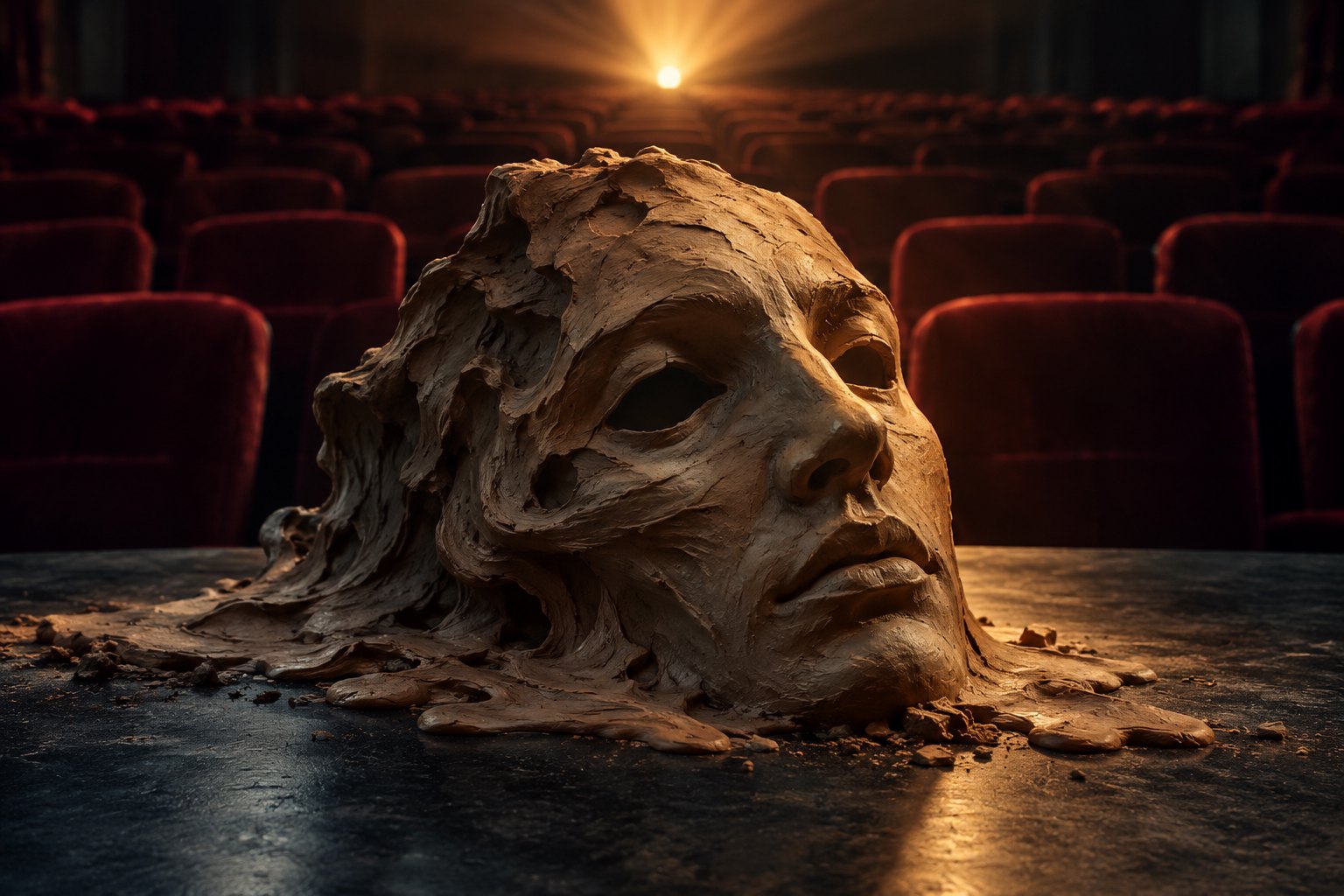 Conceptual illustration of a dissolving clay face in front of burgundy theater seats and a glowing projector.