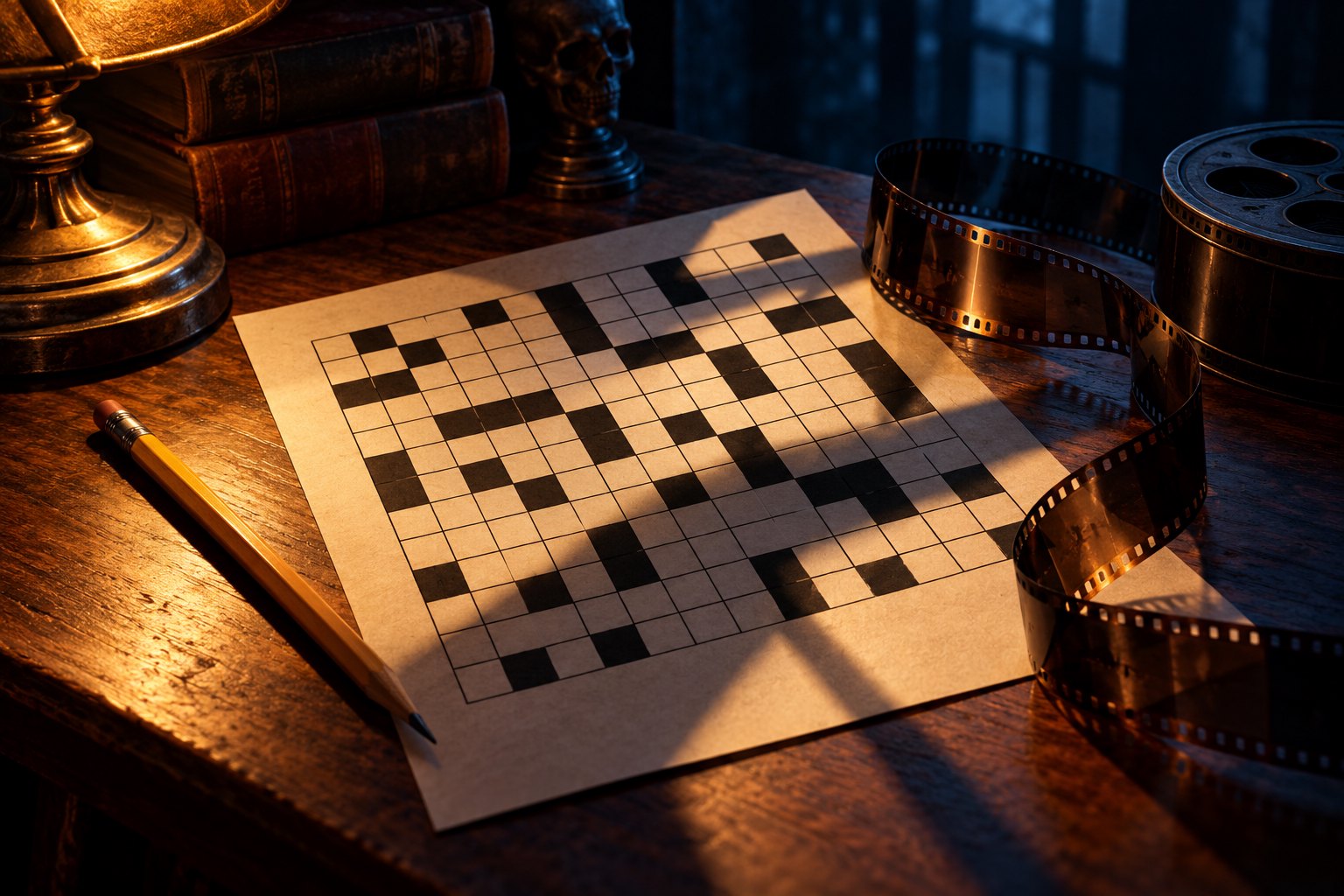 A blank crossword grid, pencil, and curled film strip on a wooden desk crossed by dramatic shadows.