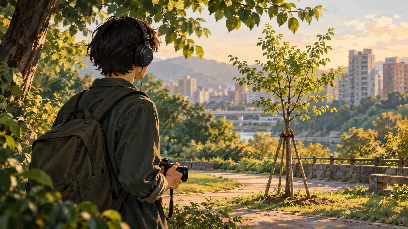 概念插畫：戴著耳機的創作者手持相機，在城市公園觀察一株年輕樹木