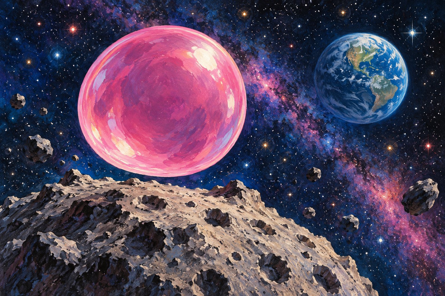 Conceptual illustration of a pink bubble floating above a rocky asteroid with Earth in the star-filled distance.