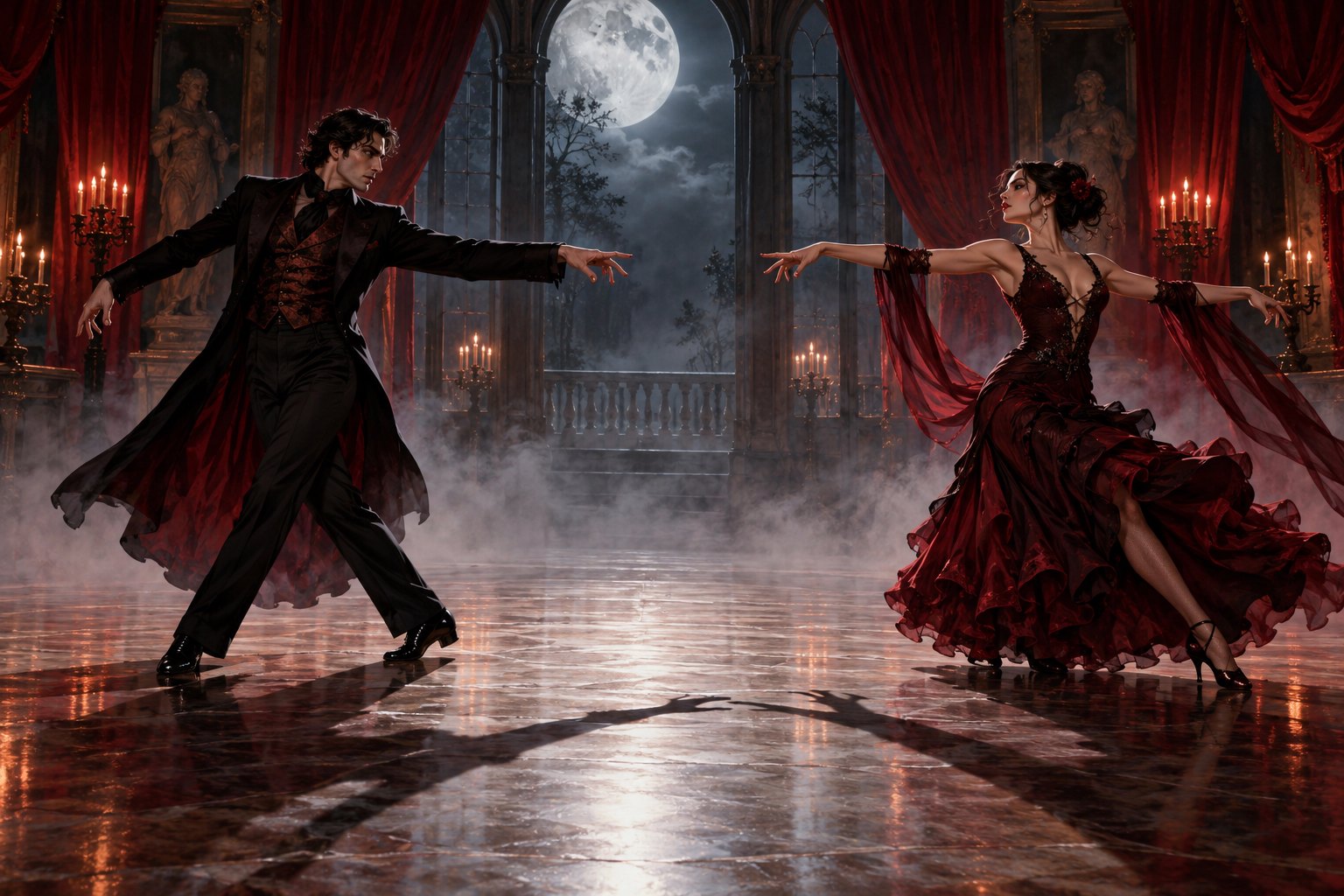 Illustration of two ballroom dancers reaching toward each other in a moonlit Gothic hall with red curtains.