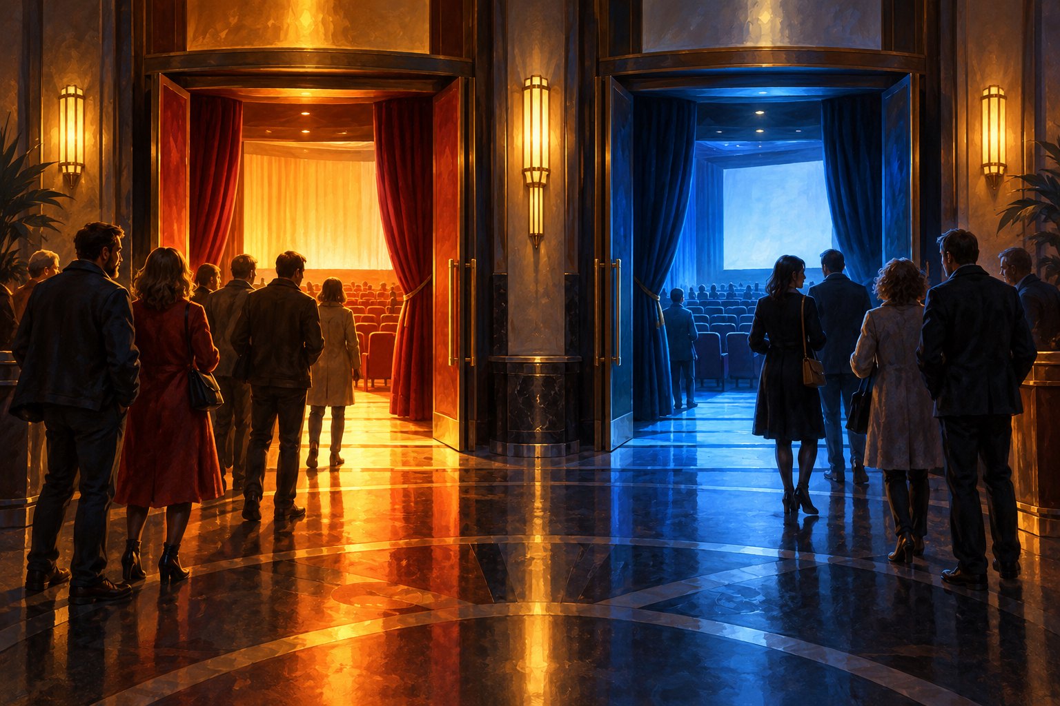Illustration of moviegoers approaching two cinema auditoriums illuminated in amber and blue.