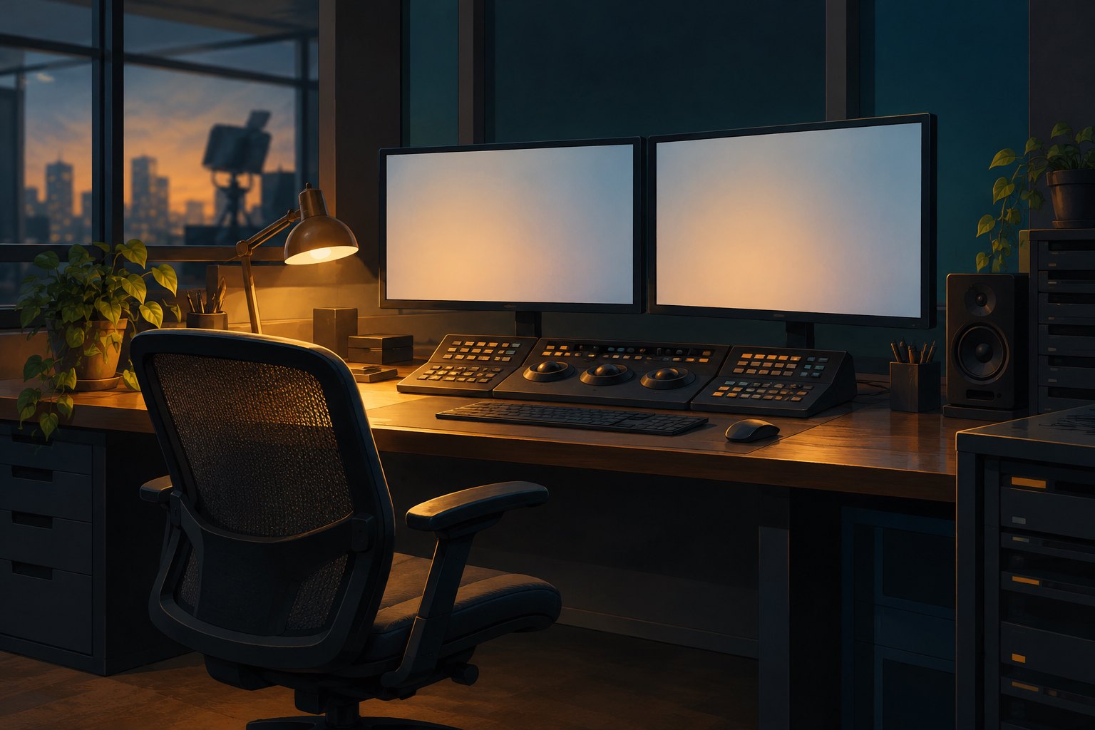 Illustration of an empty television editing suite with two blank monitors and a warmly lit console.