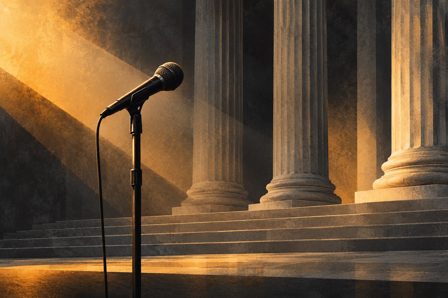 Conceptual illustration of an unattended microphone in front of courthouse columns, lit in charcoal and amber.