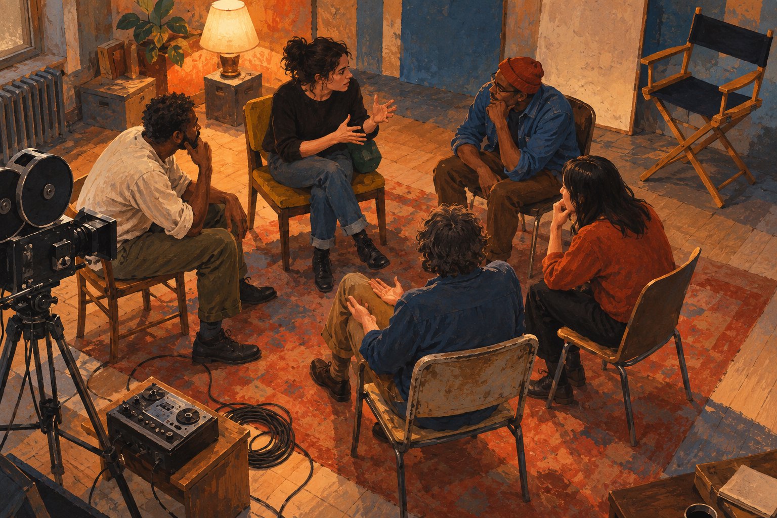 Conceptual illustration of film workers discussing a production in a circle of chairs beside recording equipment.