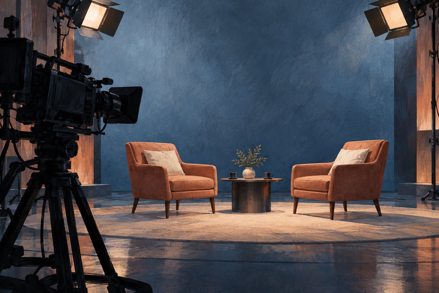 Conceptual illustration of two empty armchairs in a television interview studio with a camera and overhead lights.