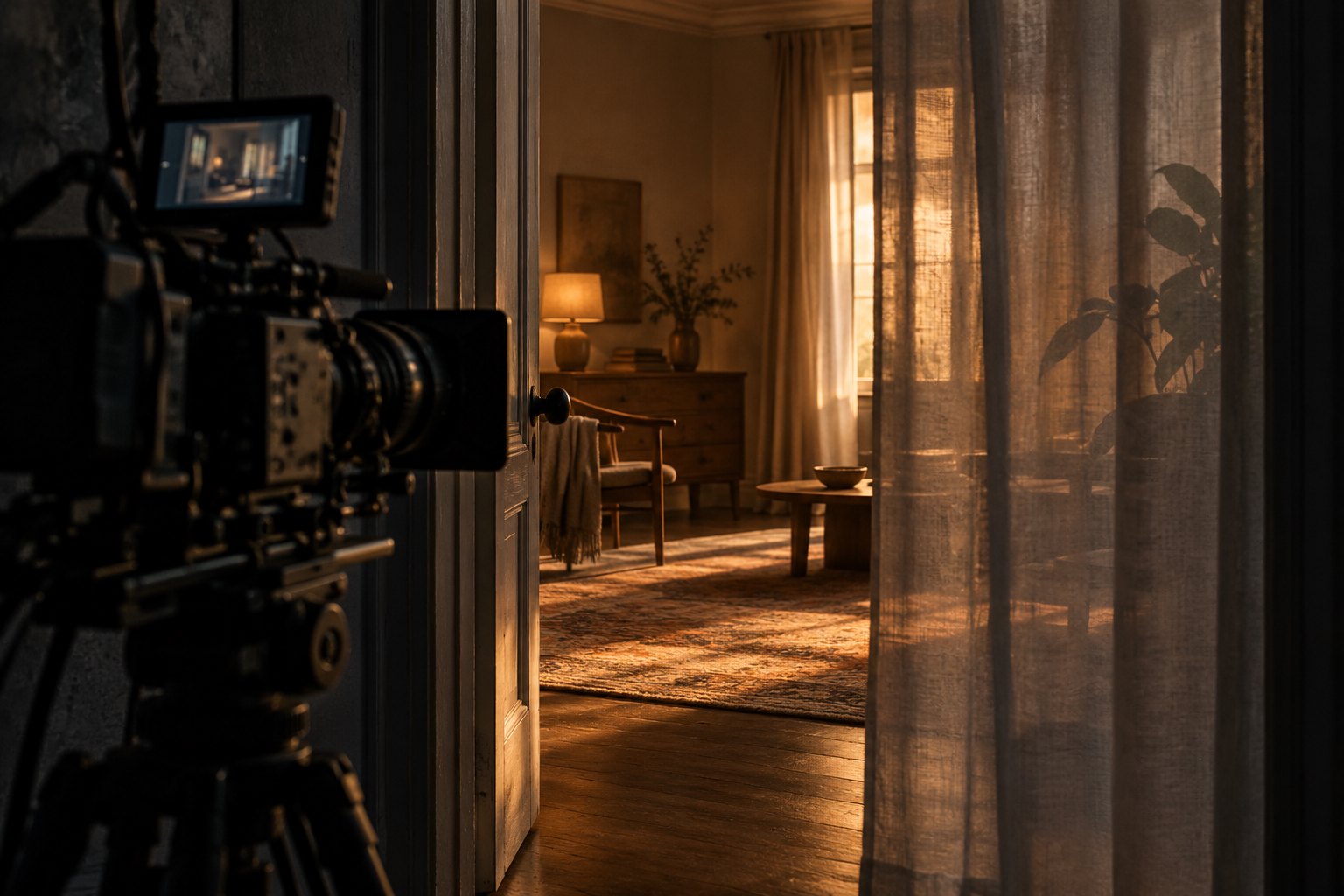 Conceptual illustration of a documentary camera facing an open doorway and a softly lit room partially obscured by a curtain.