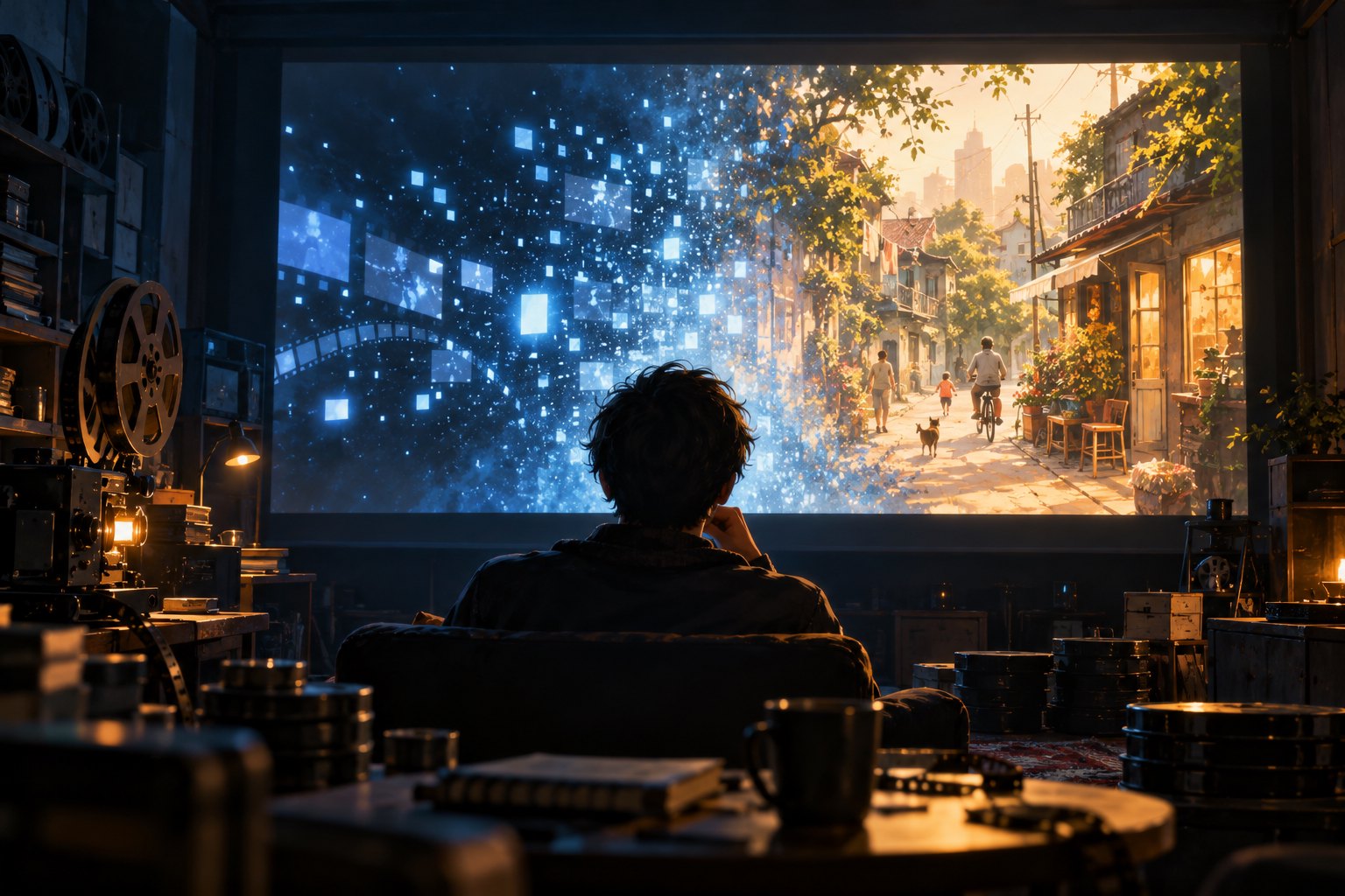 概念插画：创作者坐在放映室中，观看蓝色数字光点与暖色街巷交融的银幕