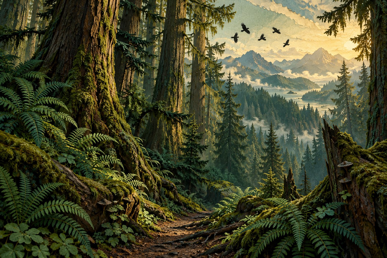 Original editorial illustration of crows above a mossy forest trail overlooking a distant mountain valley.