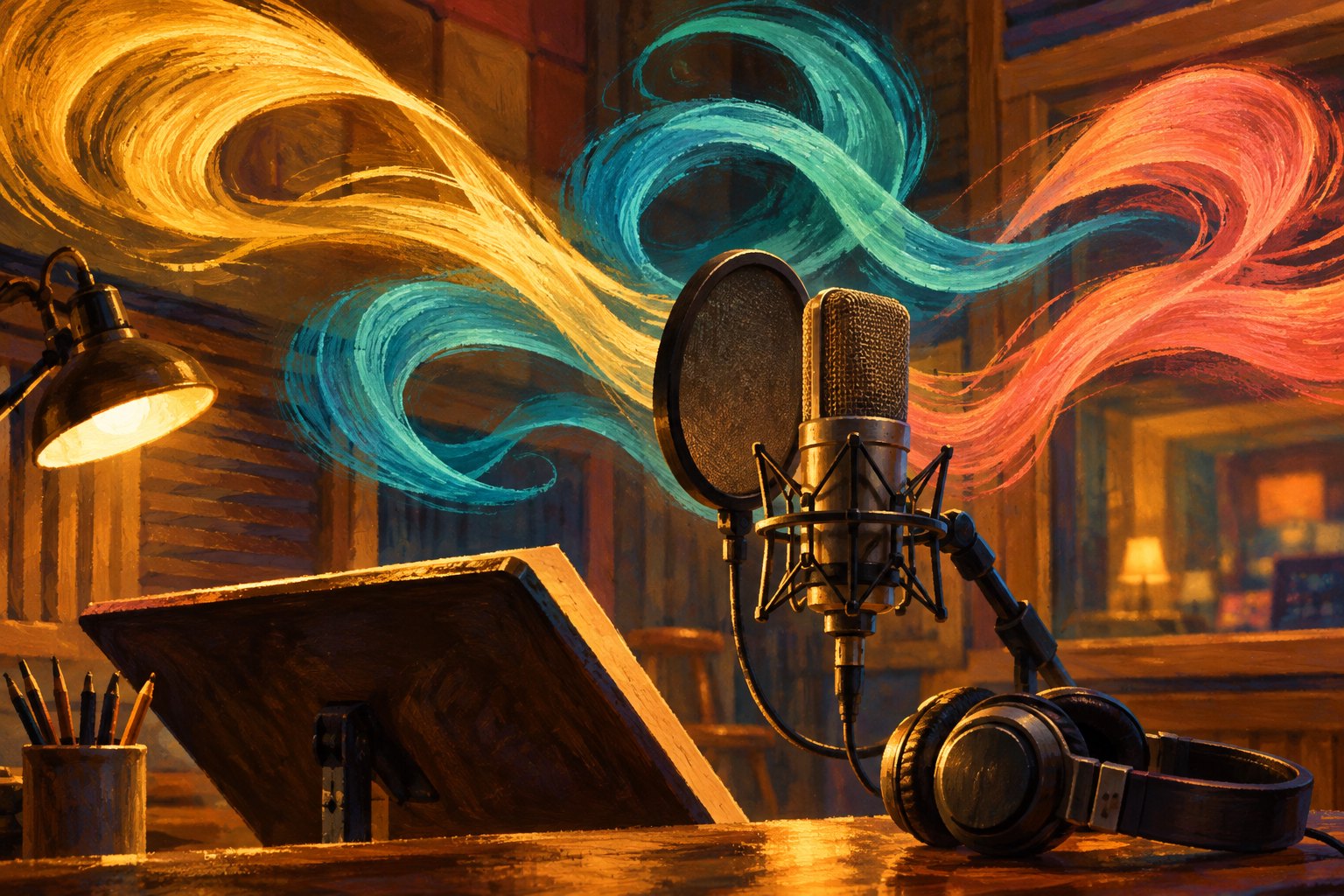 Painterly illustration of a studio microphone and headphones beneath flowing gold, teal, and coral ribbons of sound.