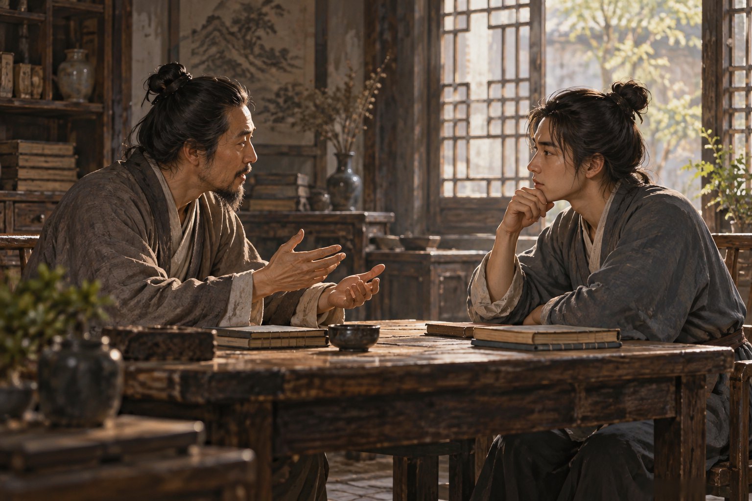 旧式书房里教师与成年学生隔桌倾听彼此的师生对话概念插画，非影片剧照