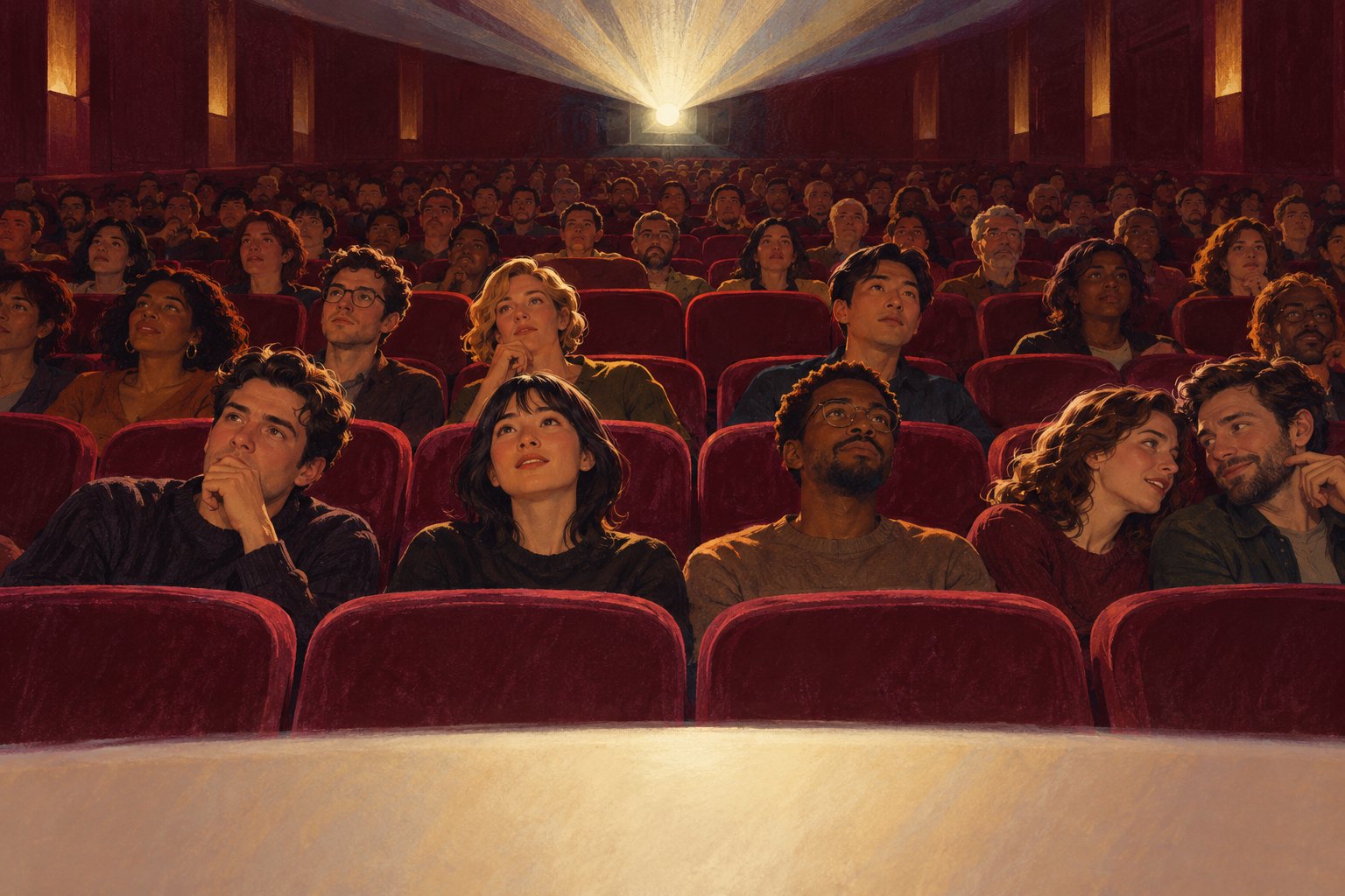 Illustration of a cinema audience showing varied reactions beneath a glowing projector beam.