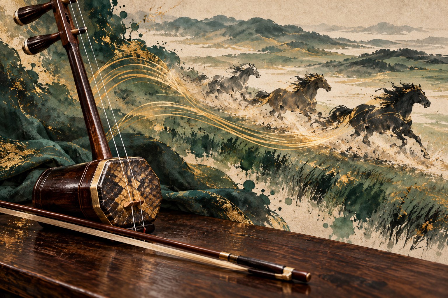 概念插画:二胡与琴弓旁的金色节奏线延伸至水墨奔马