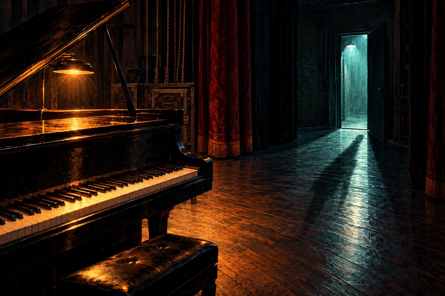 Illustration of a grand piano in amber theater light beside an open doorway casting a long shadow across the floor.