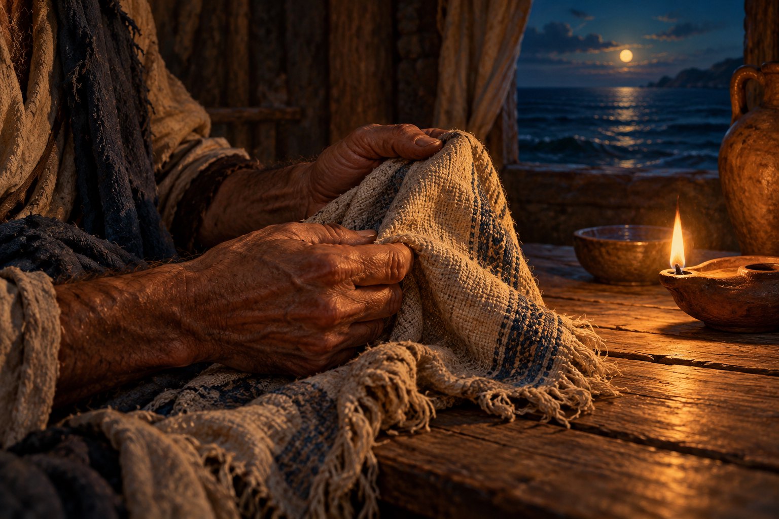 Conceptual illustration of a seafarer’s weathered hands holding woven cloth beside an oil lamp, with moonlit water beyond.
