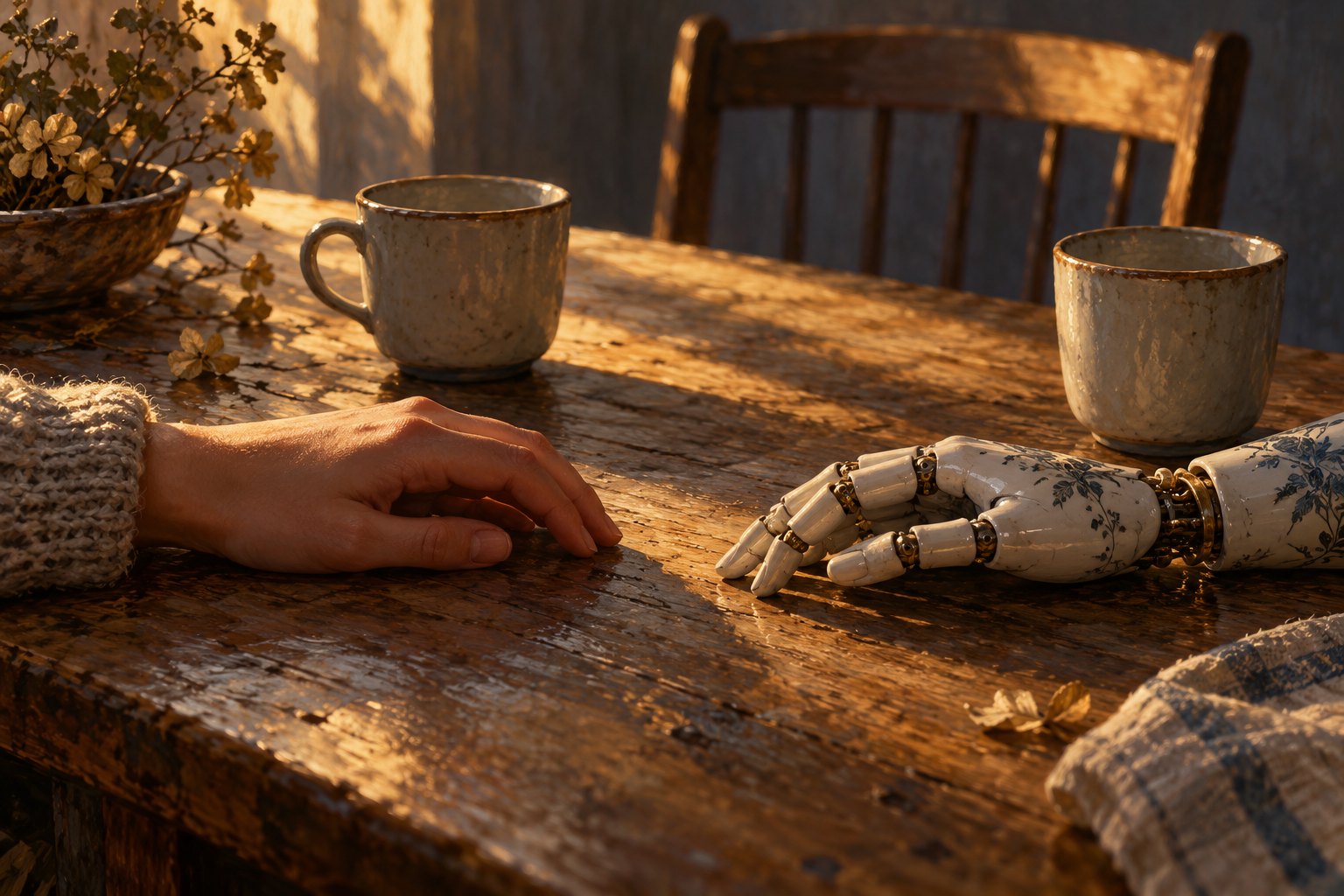 Symbolic illustration of human and porcelain mechanical hands resting apart on a sunlit table beside two ceramic cups.