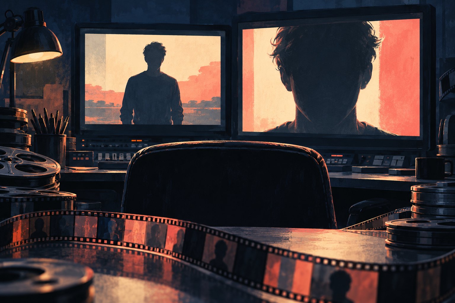 Illustration of an empty editing chair facing two monitors that show different crops of the same anonymous figure.