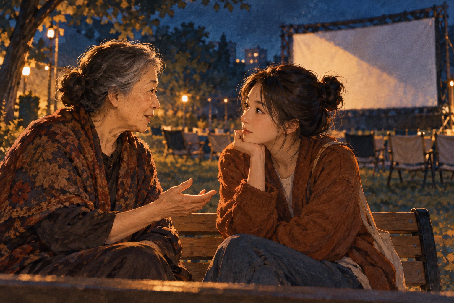 老年女性与青年女性在露天银幕旁交谈,映后交流主题插画
